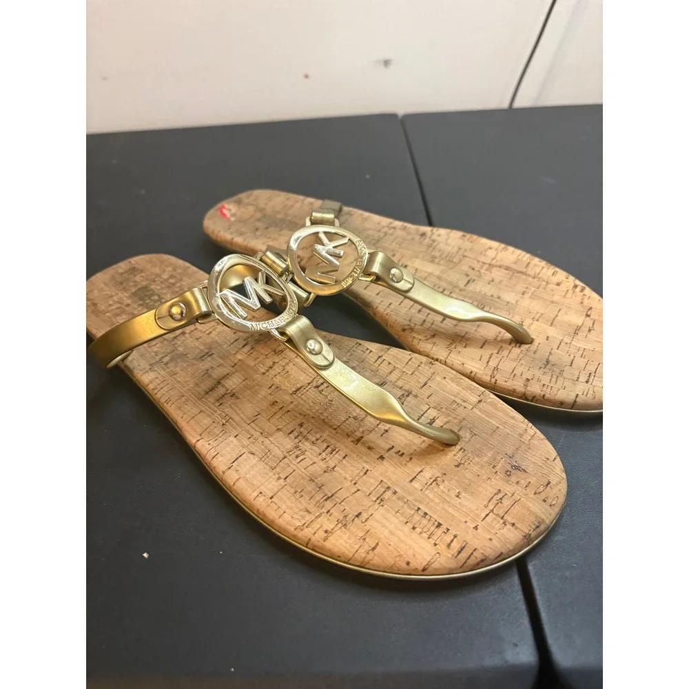 Michael Kors Gold Thong Sandals Cork Footbed MK Logo Flat Flip Flops Size 10